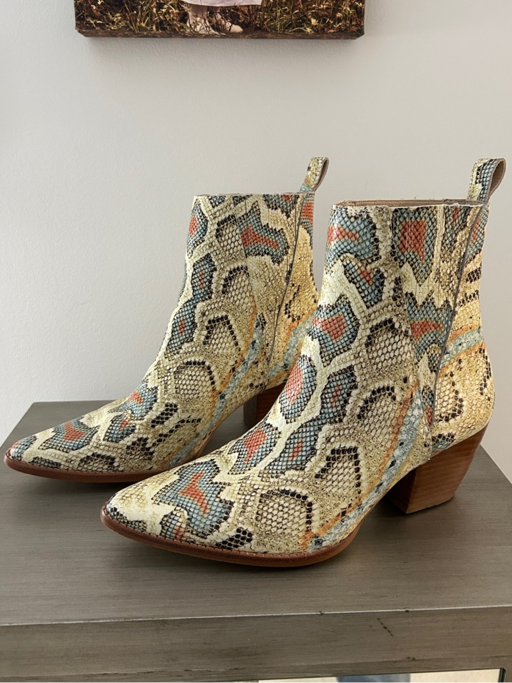 Matisse  Women’s Snakeskin Like Ankle Boots in Cream with Multicolor Accents